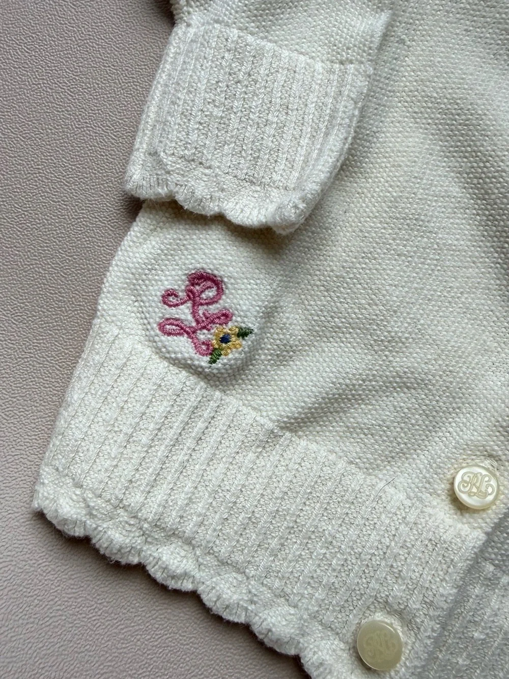 Ralph Lauren Cream Baby Cardigan with Pink Floral Embroidery